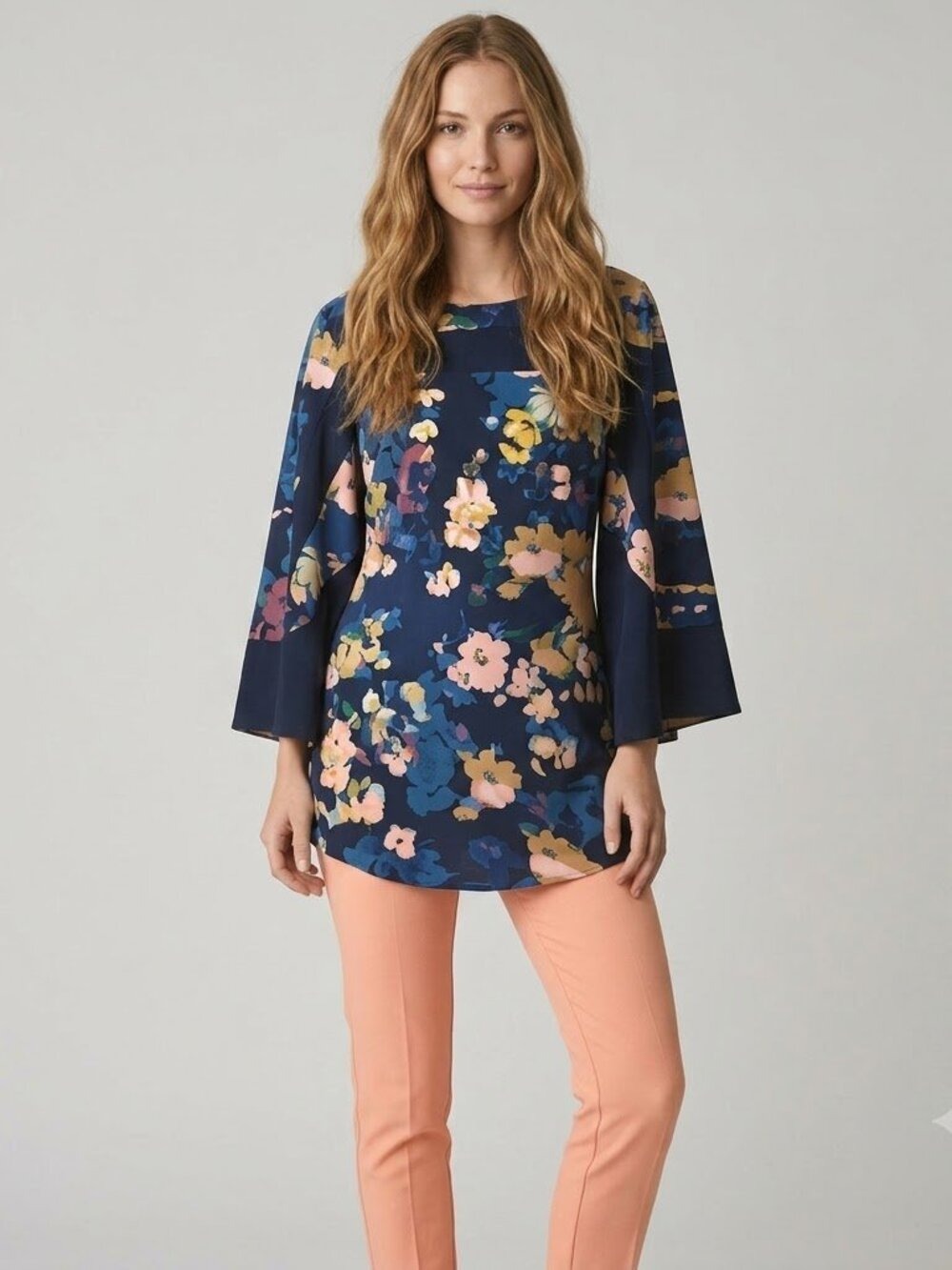 Nina Leonard navy blue floral Jersey top with flare sleeves size L